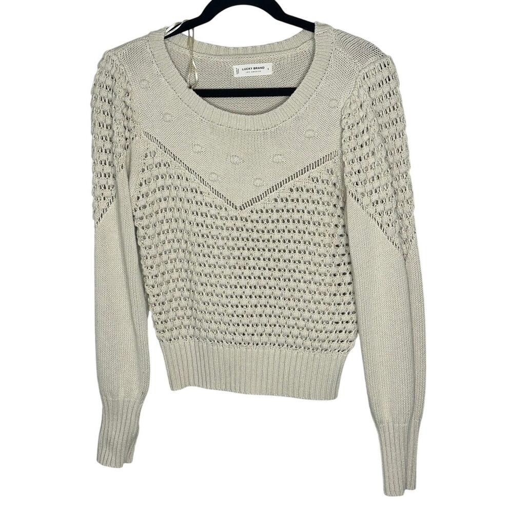 Lucky Brand Textured Dot Crochet Sweater Cream "Antique White" Crewneck Boho S